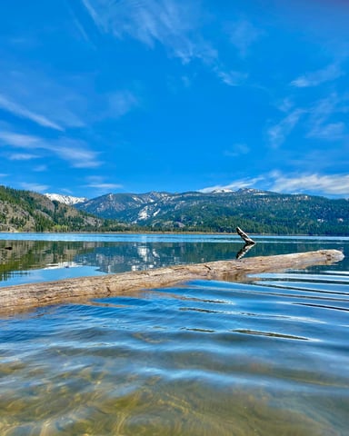 Twin Lakes Idaho calm water with snow-capped peaks