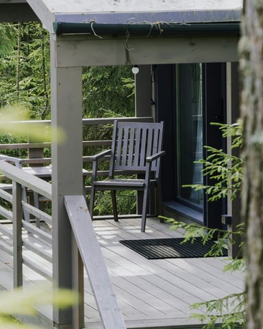 Modern cabin deck framed by lush green pine trees, quiet and secluded
