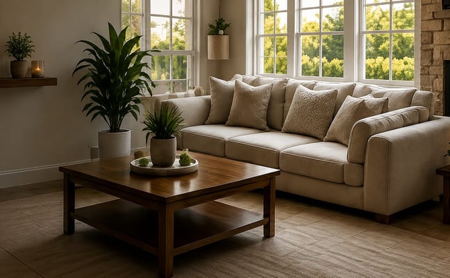 Furnished living room with fireplace in a North Idaho home